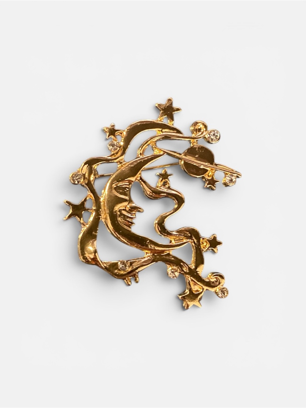 Gold Celestial Moon & Stars Brooch